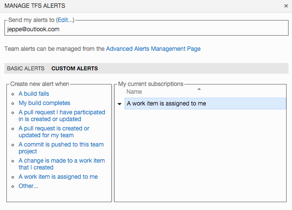 Creating personal alerts in Visual Studio Team Services