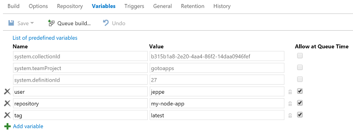 adding docker build variables to definition